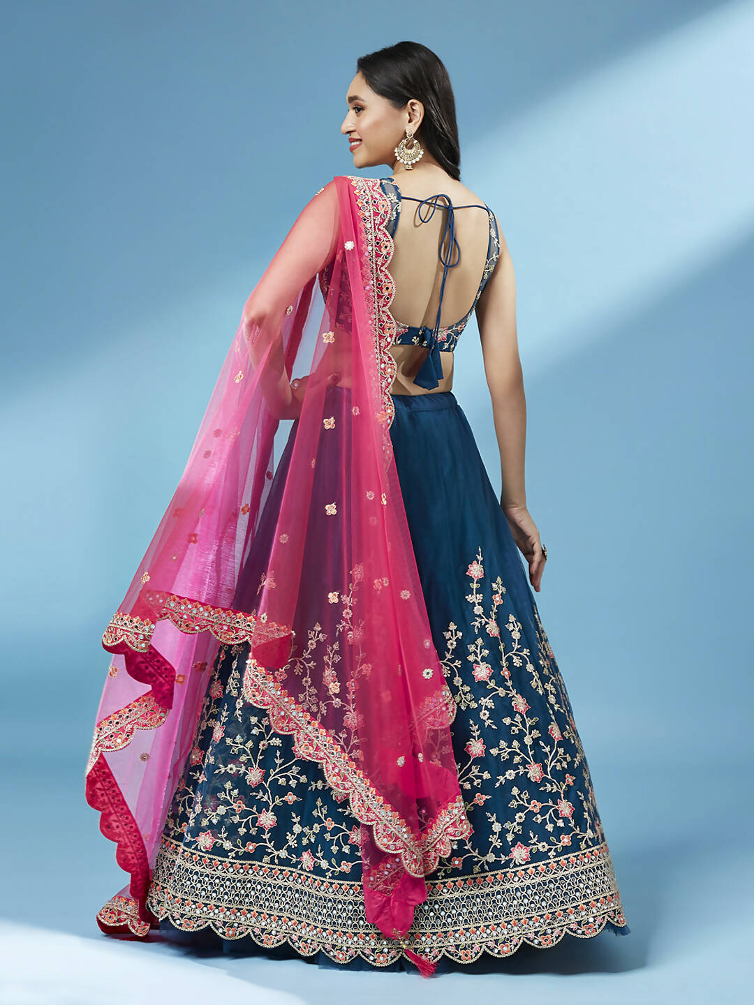 House of Panchhi Teal Net Semi stitched Coding and Mirror Work Lehenga Choli | Grocsy