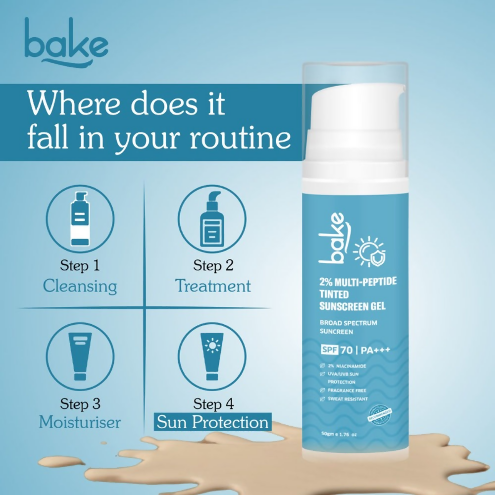 Bake 2% Multi Peptide Tinted Sunscreen Gel SPF 70 PA+++ | Grocsy