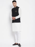 Even Apparels Black Pure Cotton White Kurta Sets With Eid Insignia Jackets PW668 | Grocsy