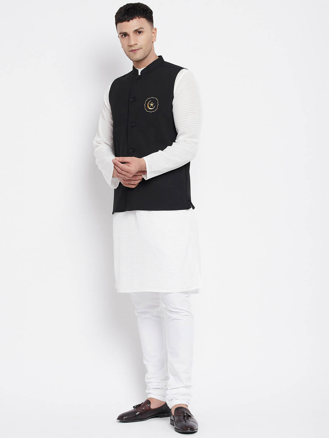 Even Apparels Black Pure Cotton White Kurta Sets With Eid Insignia Jackets PW668 | Grocsy