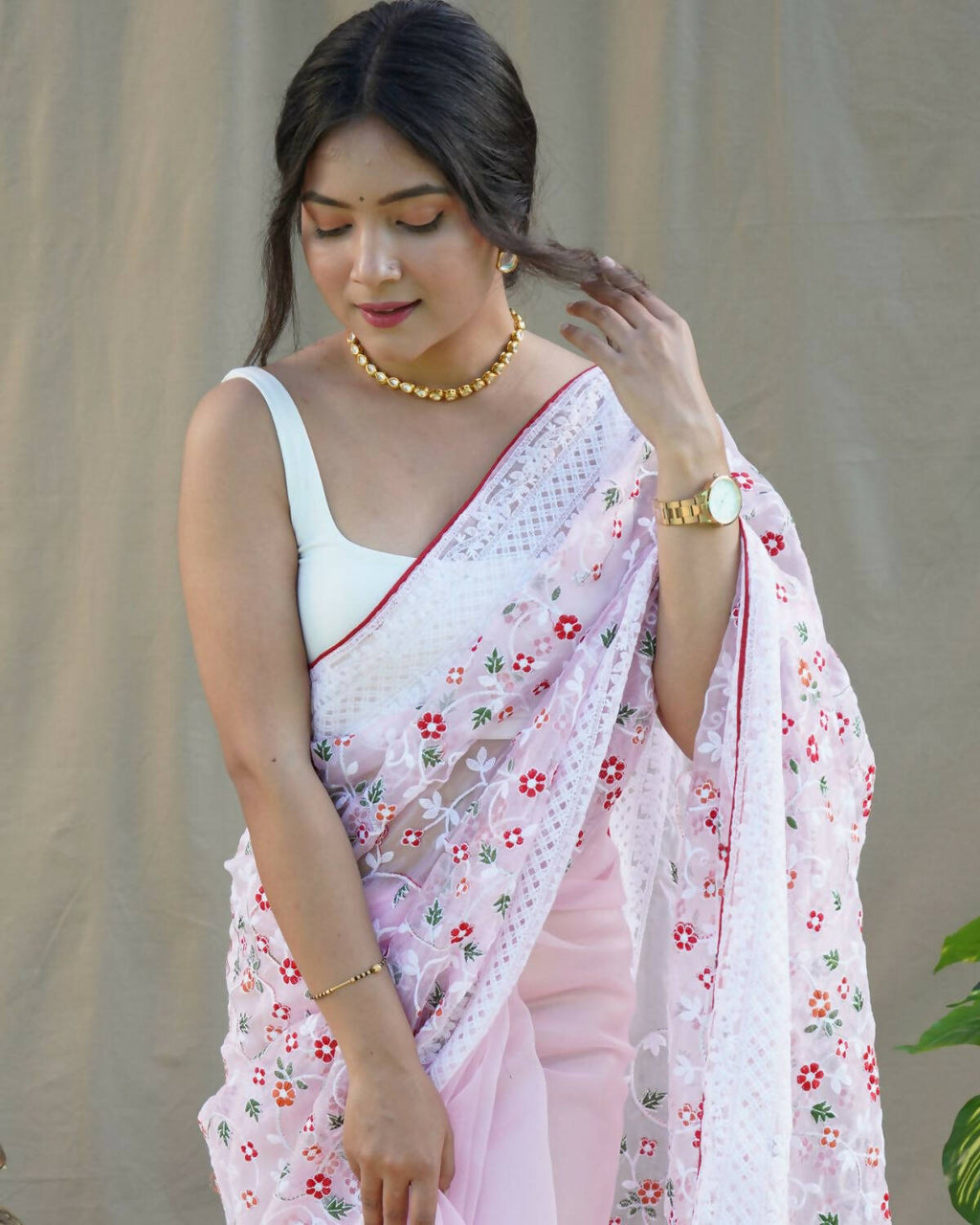 Vamsee Baby Pink Organza Saree | Grocsy