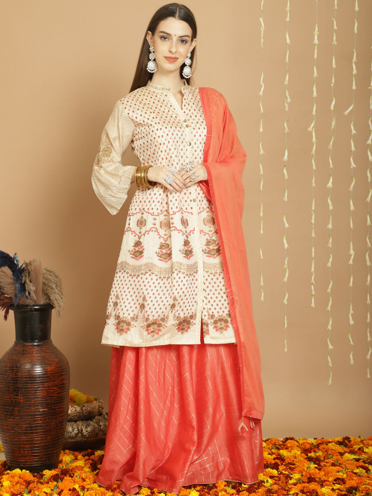 Jyoti Fashion Women's Cream Chanderi Silk Elegant Jardoshi Semi Kurta with Trouser & Dupatta | Grocsy