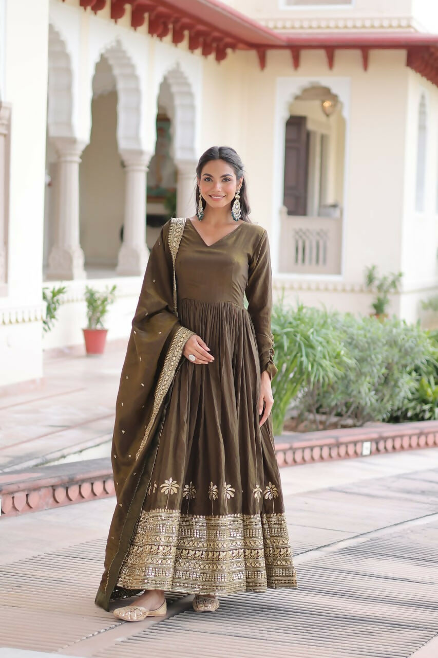 Teeya Creation Womens New Fancy Vichitra Silk With Rich Sequins Embroidered Work Gown Set | Grocsy