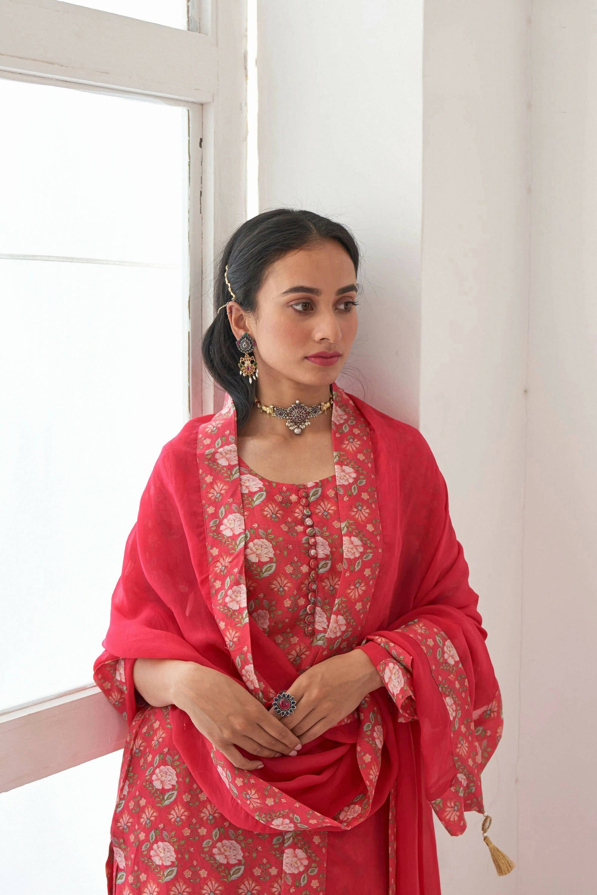 Designer Stylish Red Muslin Stitched Suit With Dupatta - Anbazaar | Grocsy