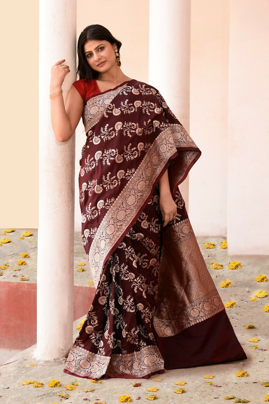 Joban Fashion Coco Brown Banarasi Soft Pure Handloom Banarasi Silk Saree | Grocsy