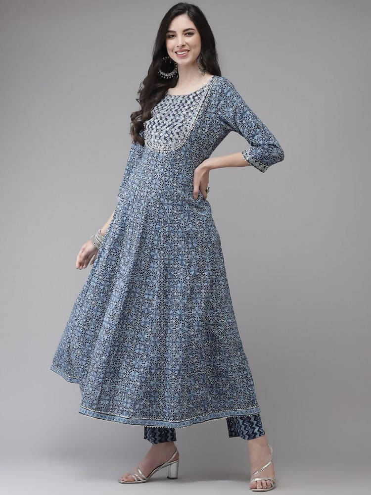 Yufta Women Blue Floral Yoke Design Angrakha Pure Cotton Kurta with Trouser With Dupatta | Grocsy