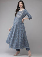 Yufta Women Blue Floral Yoke Design Angrakha Pure Cotton Kurta with Trouser With Dupatta | Grocsy