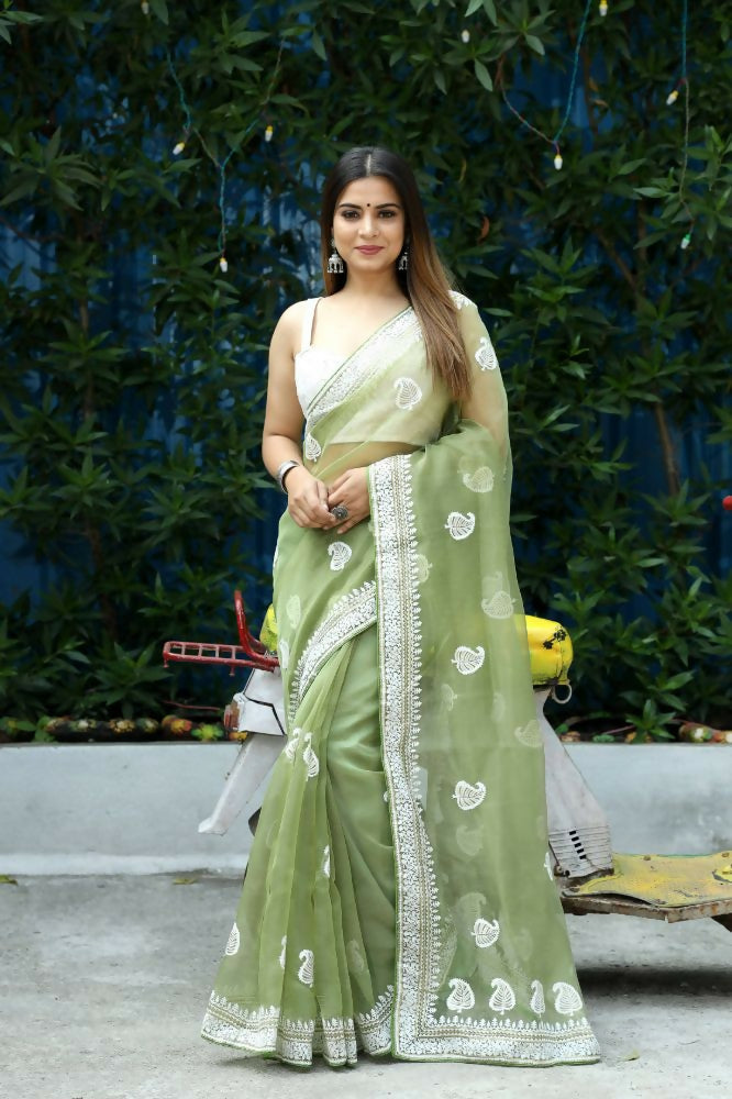 Vamsee Cotton Kerry Green Organza Saree | Grocsy