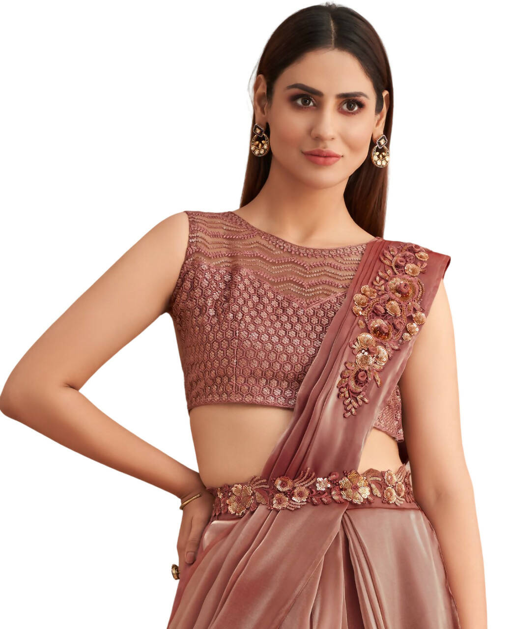 Pink Satin Embroidered Ready To Wear Saree With Unstitched Blouse Piece - Nandika | Grocsy