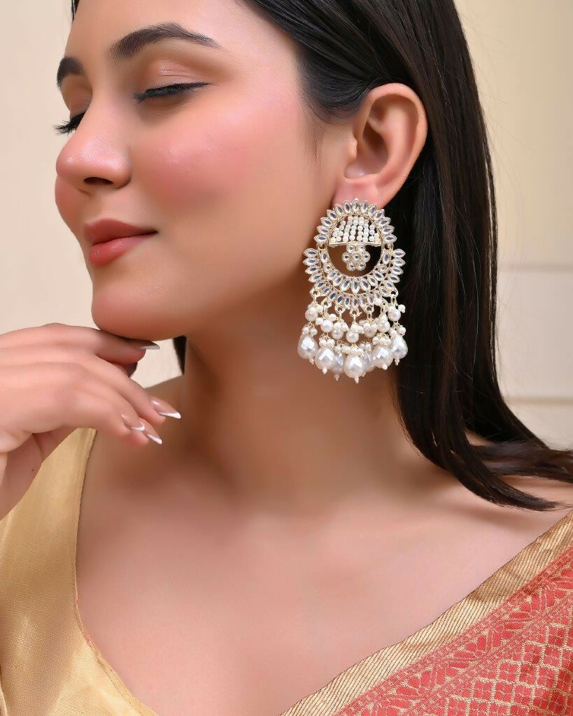 VOJ Gold-Polished Pearl Studded Chandbali Earrings