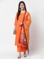 Myshka Orange Solid Cotton 3/4 Sleeve Round Neck Casual Kurta Pant Dupatta Set | Grocsy