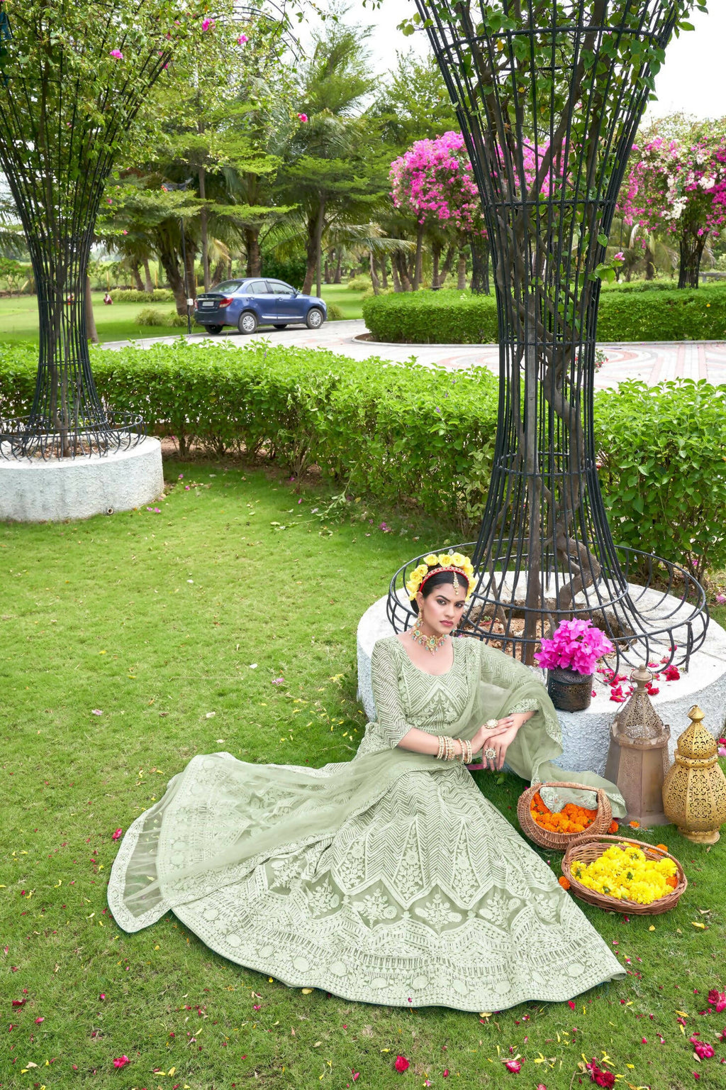 Light Green Net Embroidered Semi Stitched Lehenga Choli with Dupatta - Bhagya | Grocsy