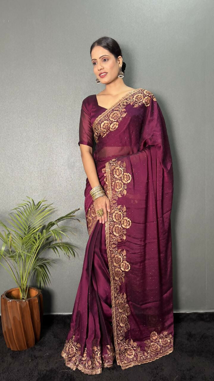 Vastranavya Wine Rangoli Silk Zari work with DMC Swarovski work Ready to Wear Saree | Grocsy