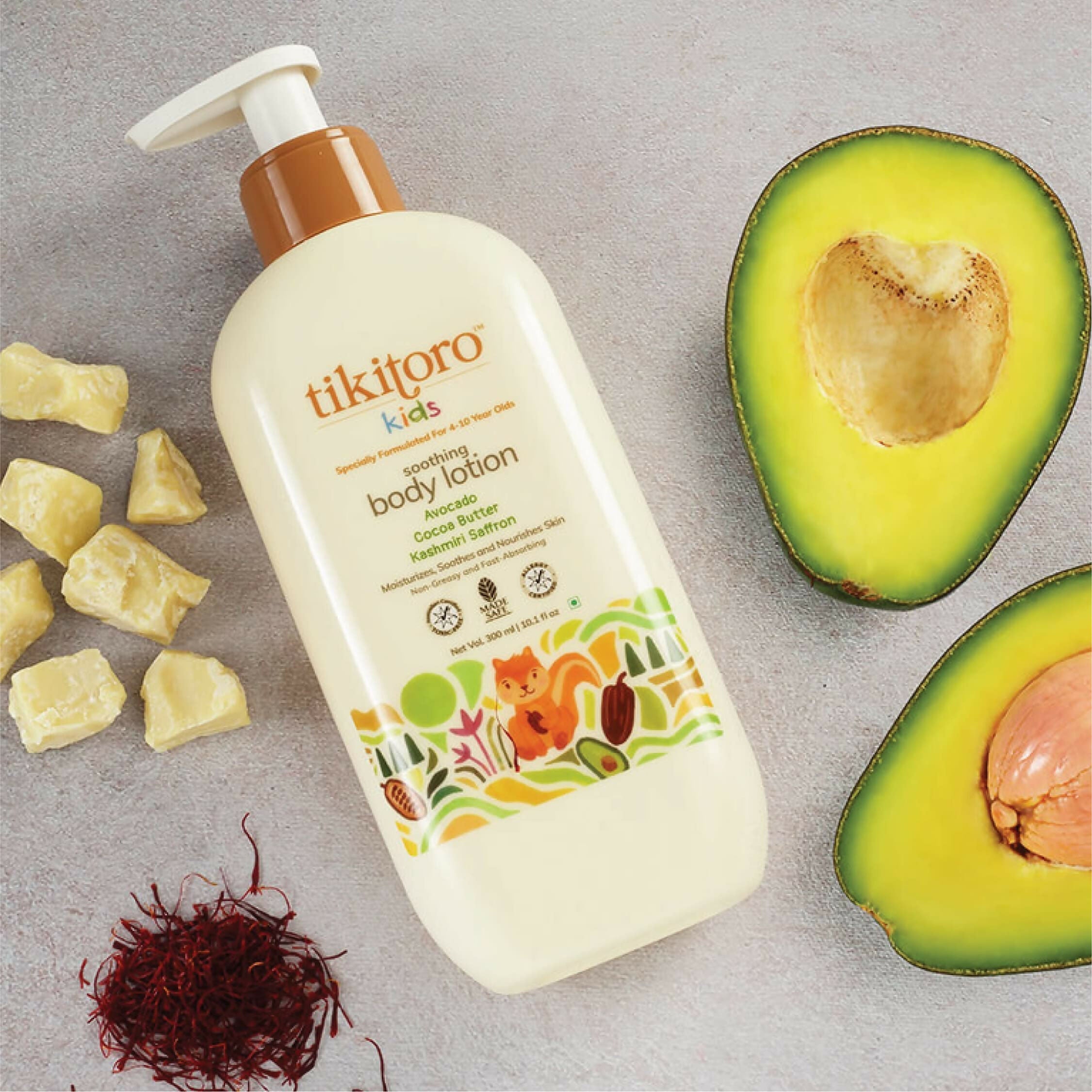 Tikitoro Kids Soothing Body Lotion 100% Vegan with Avocado, Cocoa Butter, Kashmiri Saffron Extract, Moisturizes, Soothes & Nourishes Skin | Grocsy