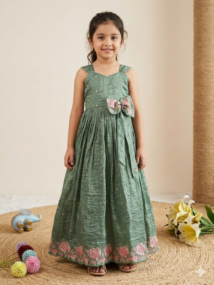 Teeya Creation New Kids Girls Premium Lavender Crinkled Silk Ethnic Gown with Floral Border and Waist Bow Accent | Grocsy
