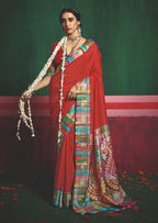 Joban Fashion Tushar Silk Red Colored With Zari Border Red Designer Pallu Saree | Grocsy