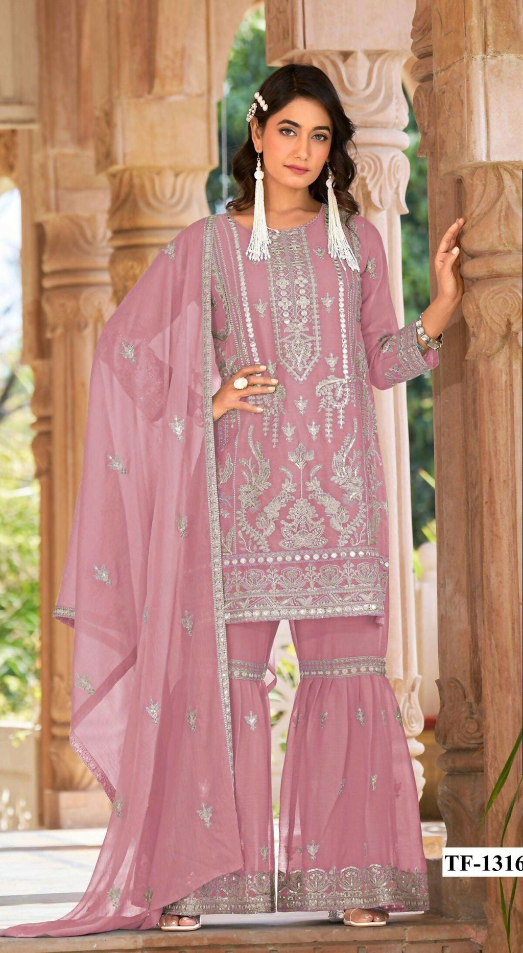 Anaita Pink Nylon Organza Suit With Embroidery & Mirror Work | Grocsy