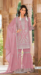 Anaita Pink Nylon Organza Suit With Embroidery & Mirror Work | Grocsy