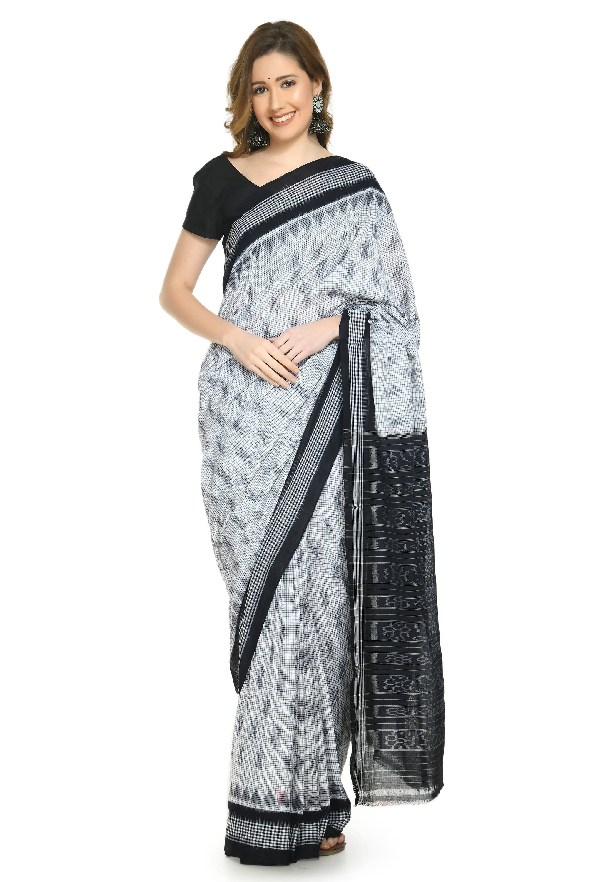 Vamika Sambalpuri Ikat Cotton Dehabandha White & Black Checks Saree | Grocsy