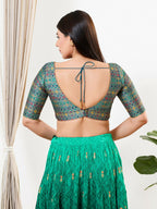 Joban Fashion Peacock Blue Brocade Padded Blouse With V Neck Elbow Sleeves | Grocsy