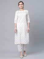 Ahalyaa Women White Pure Cotton Printed Kurta Pant Set | Grocsy