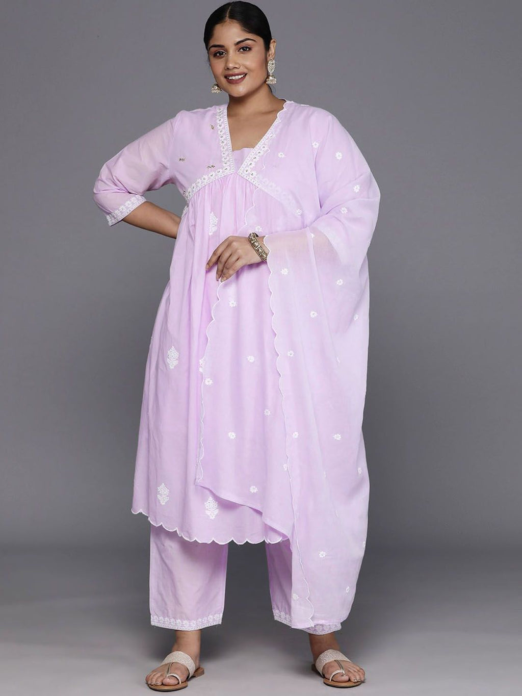 Sztori Plus Size Floral Embroidered Pure Cotton Anarkali Kurta & Trousers With Dupatta | Grocsy