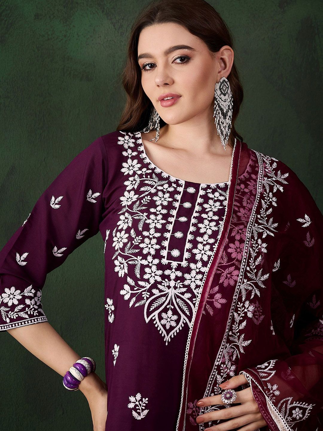 Sangria Purple Floral Embroidered Thread Work Pure Cotton Kurta & Trouser With Dupatta | Grocsy
