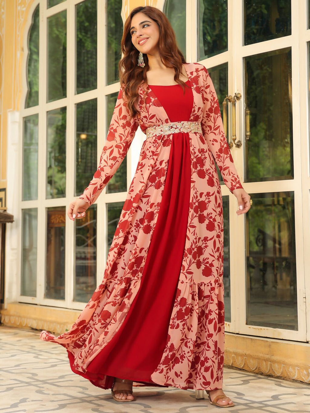Janasya Maroon Georgette Solid Dress & Jacket | Grocsy