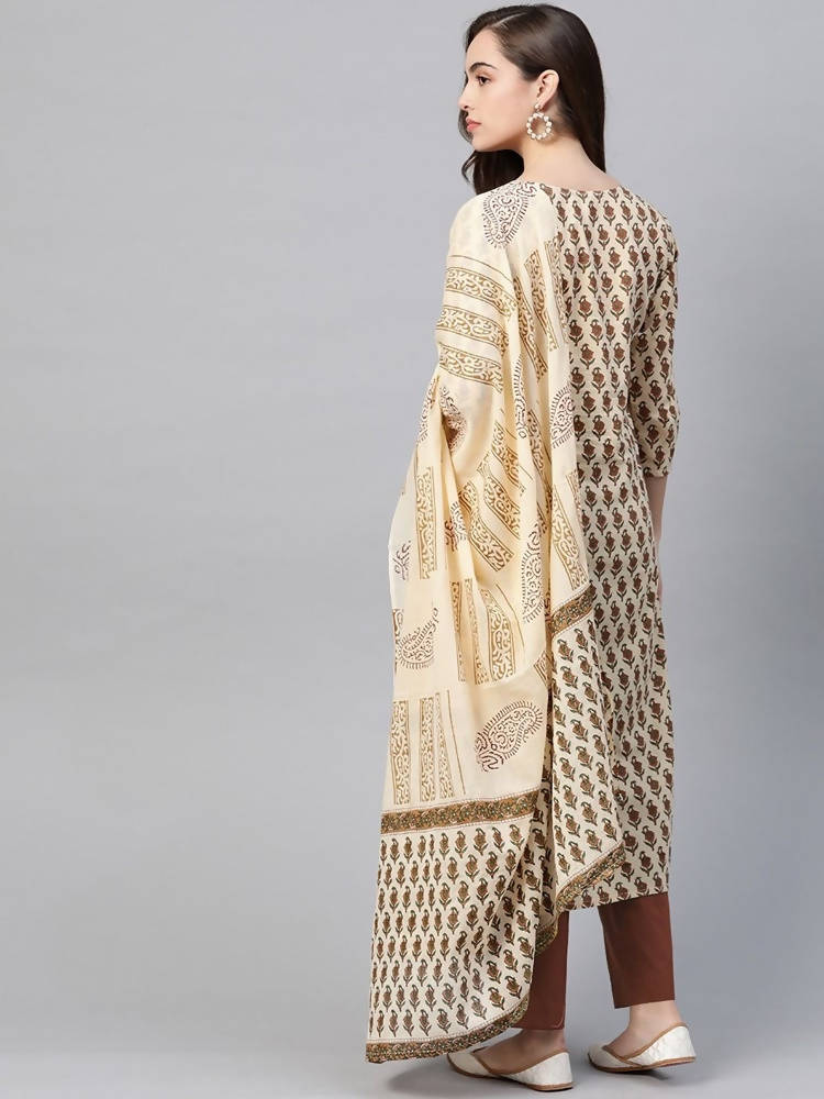Yufta Women Beige Ethnic Motifs Printed Pure Cotton Kurta with Trouser & Dupatta | Grocsy