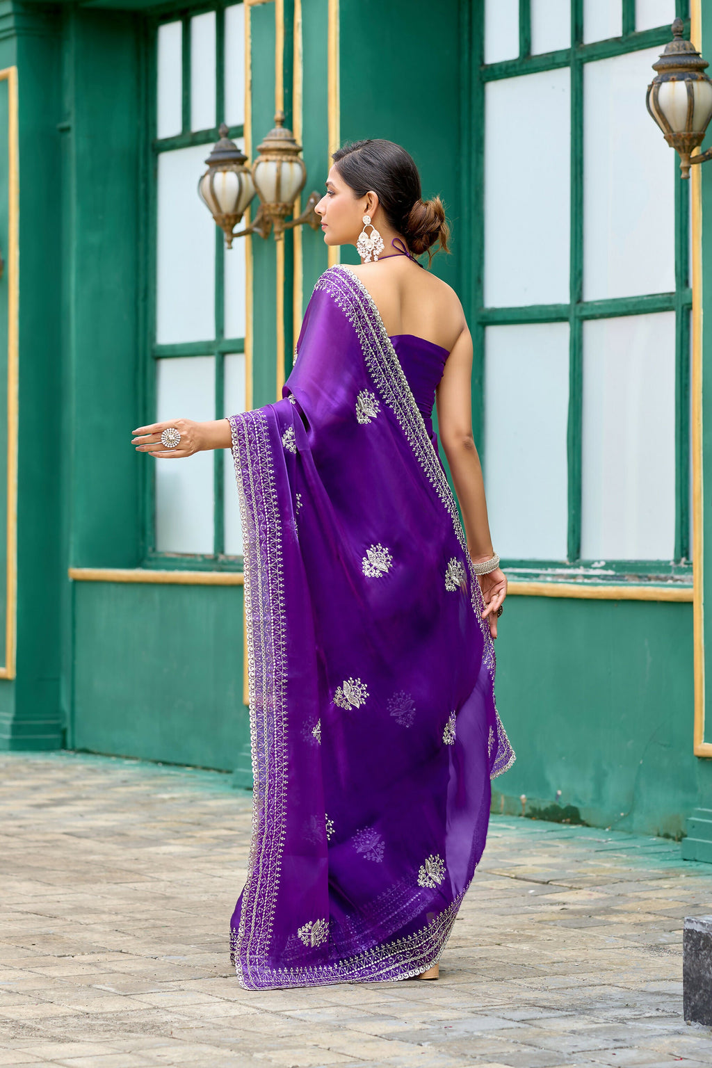 Vastranavya Purple-Blue Embroidery Work Shimmer Chiffon Saree with Unstitched Blouse | Grocsy