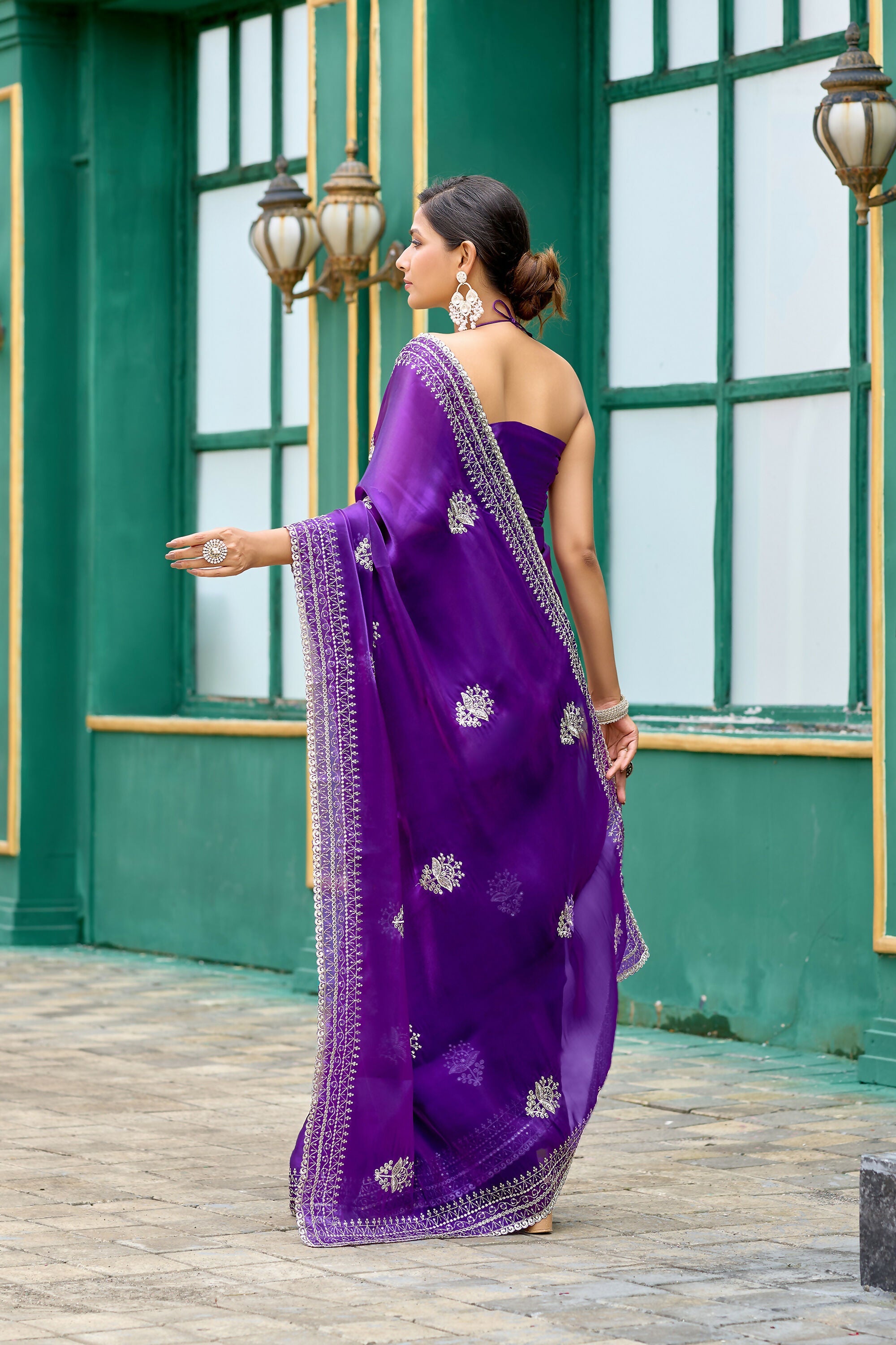 Vastranavya Purple-Blue Embroidery Work Shimmer Chiffon Saree with Unstitched Blouse | Grocsy