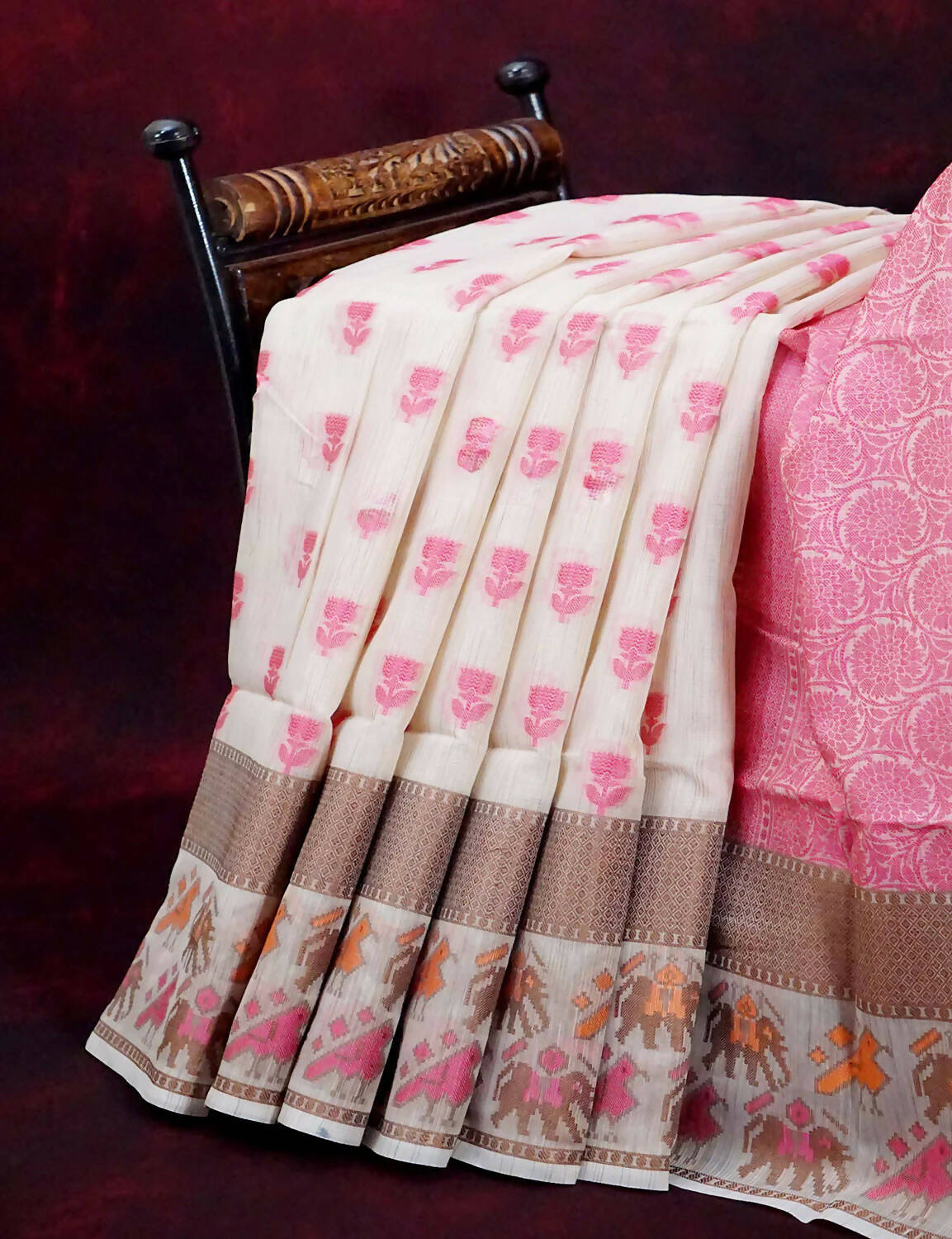 Combo of Cream and Pink with Floral Buttes Banarasi Munga Kota Saree By Gayathri Reddy Designer Studio | Grocsy