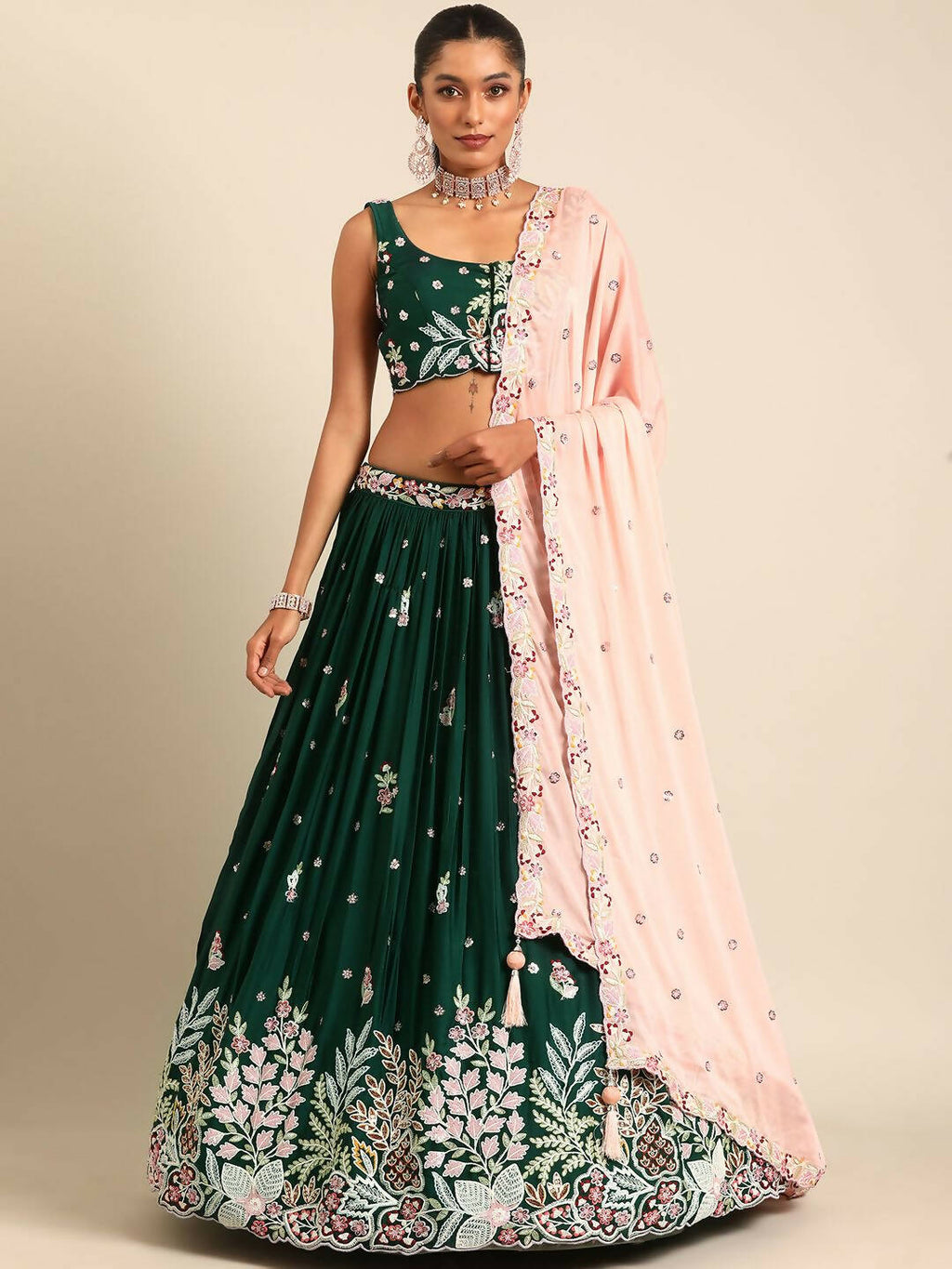 House of Panchhi Green Georgette Sequins and thread embroidery Lehenga choli & Dupatta | Grocsy