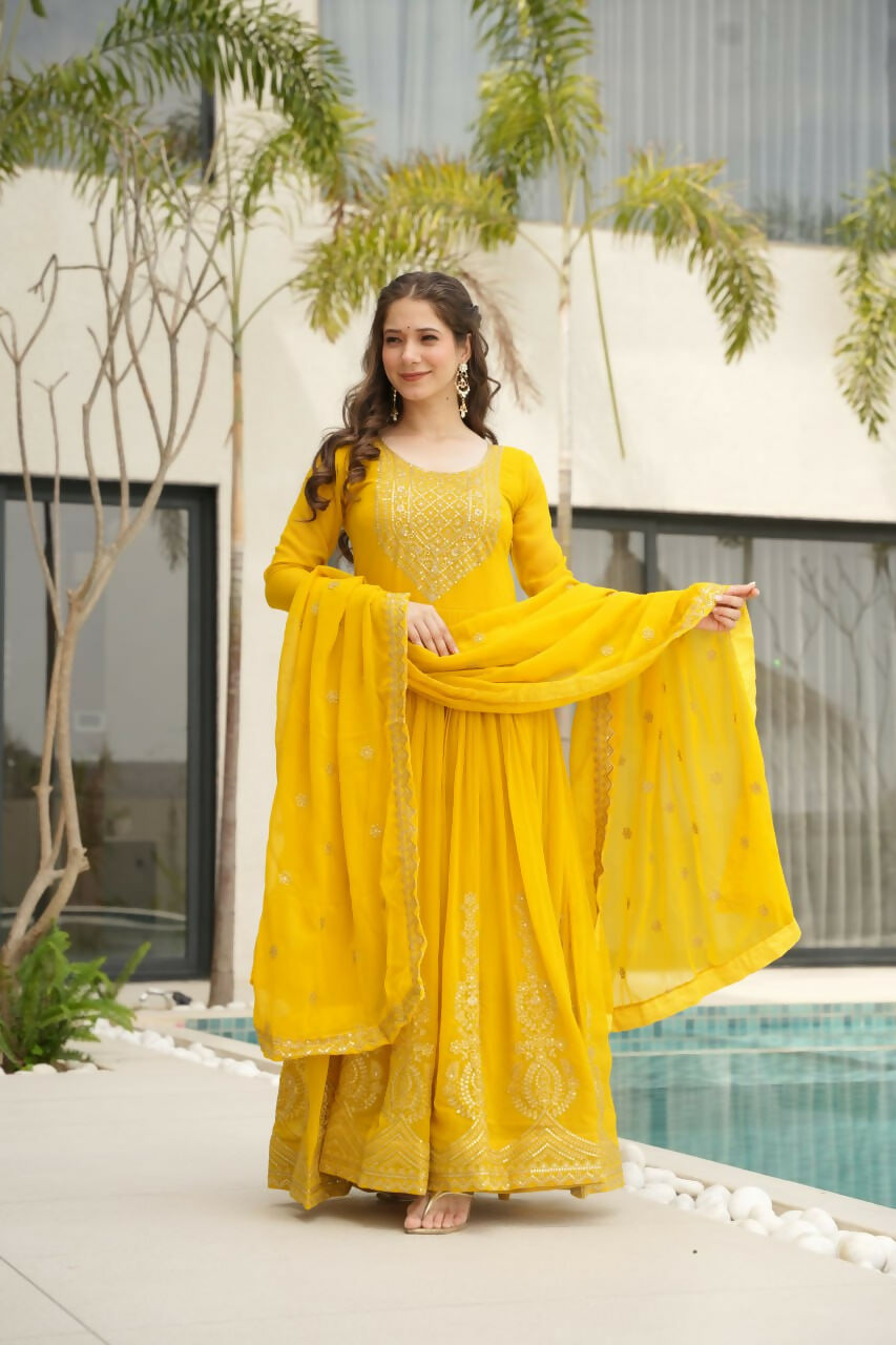 Vastranavya Yellow Faux Blooming with Embroidery Zari Sequins Work Gown | Grocsy