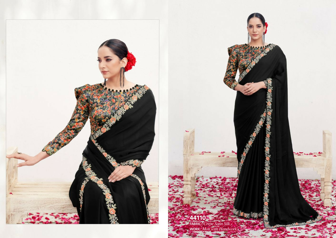 Black Crepe Satin Silk Handwork Saree with Unstitched Blouse - Norita Varya | Grocsy