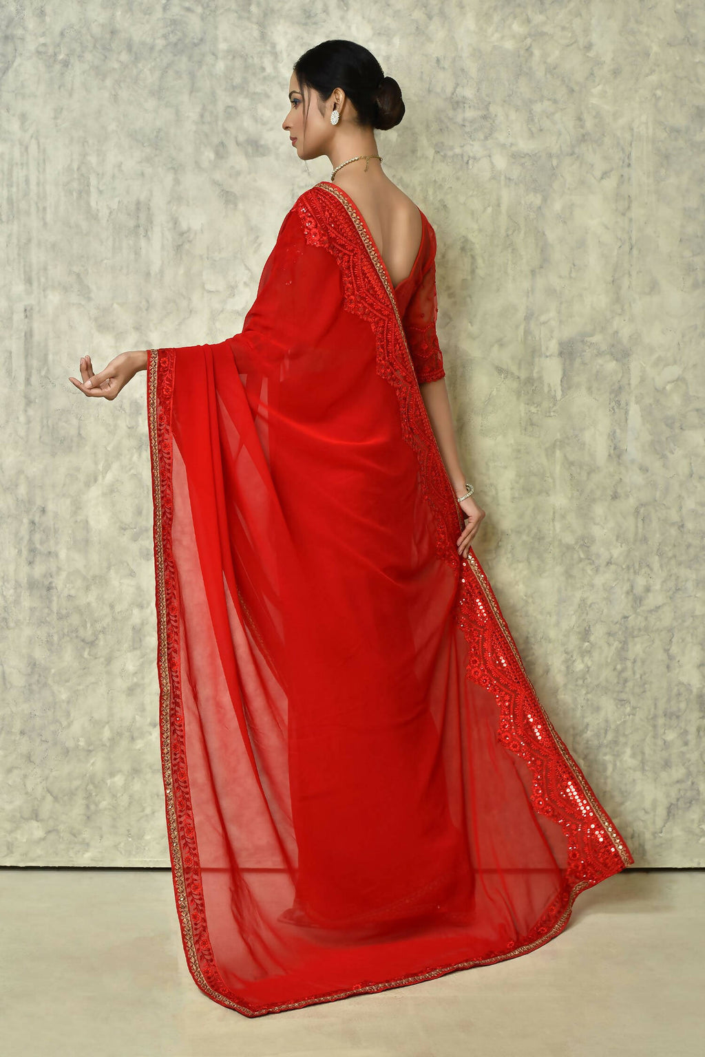 Red Georgette Plain Saree with Blouse Piece - Purvi | Grocsy