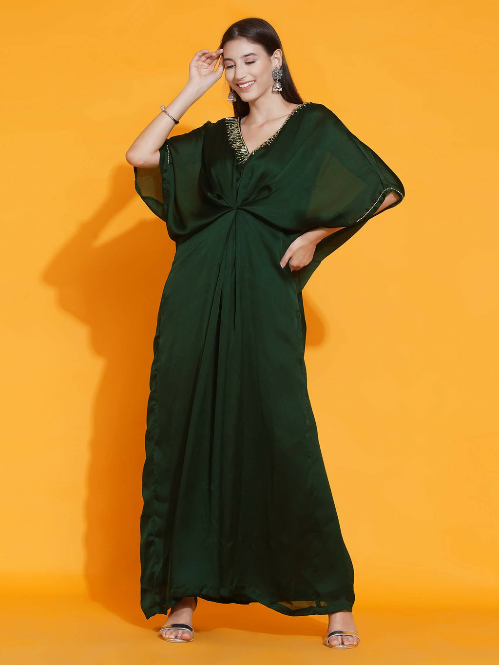 Women Republic Green Georgette Hand Embellished Kaftan Style Gown | Grocsy