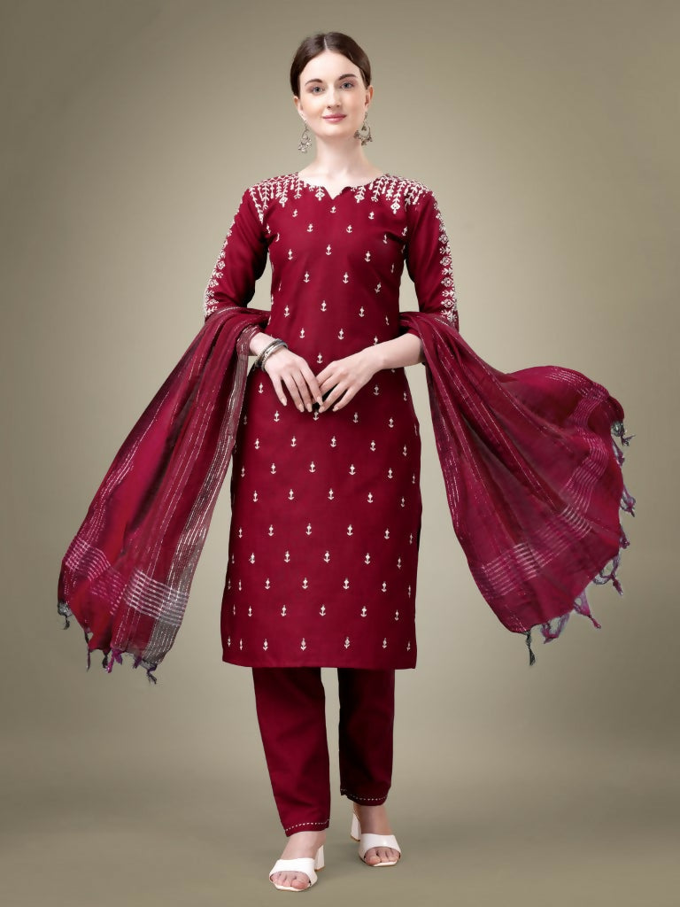 Jyoti Fashion Women's Maroon Cotton Blend Embroidery & Sequence work Kurta with Trouser & Dupatta | Grocsy