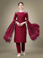 Jyoti Fashion Women's Maroon Cotton Blend Embroidery & Sequence work Kurta with Trouser & Dupatta | Grocsy