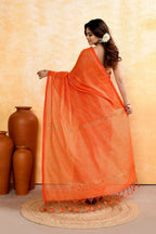 Piyari Fashion Women's Orange Embellished Cotton Blend Zari Check Handloom Saree | Grocsy