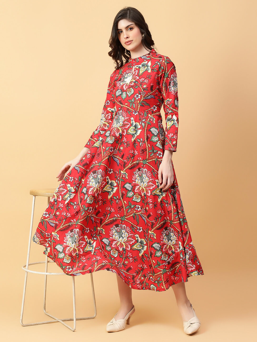 Joban Fashion Red Cotton Printed & Hand Work Dress | Grocsy