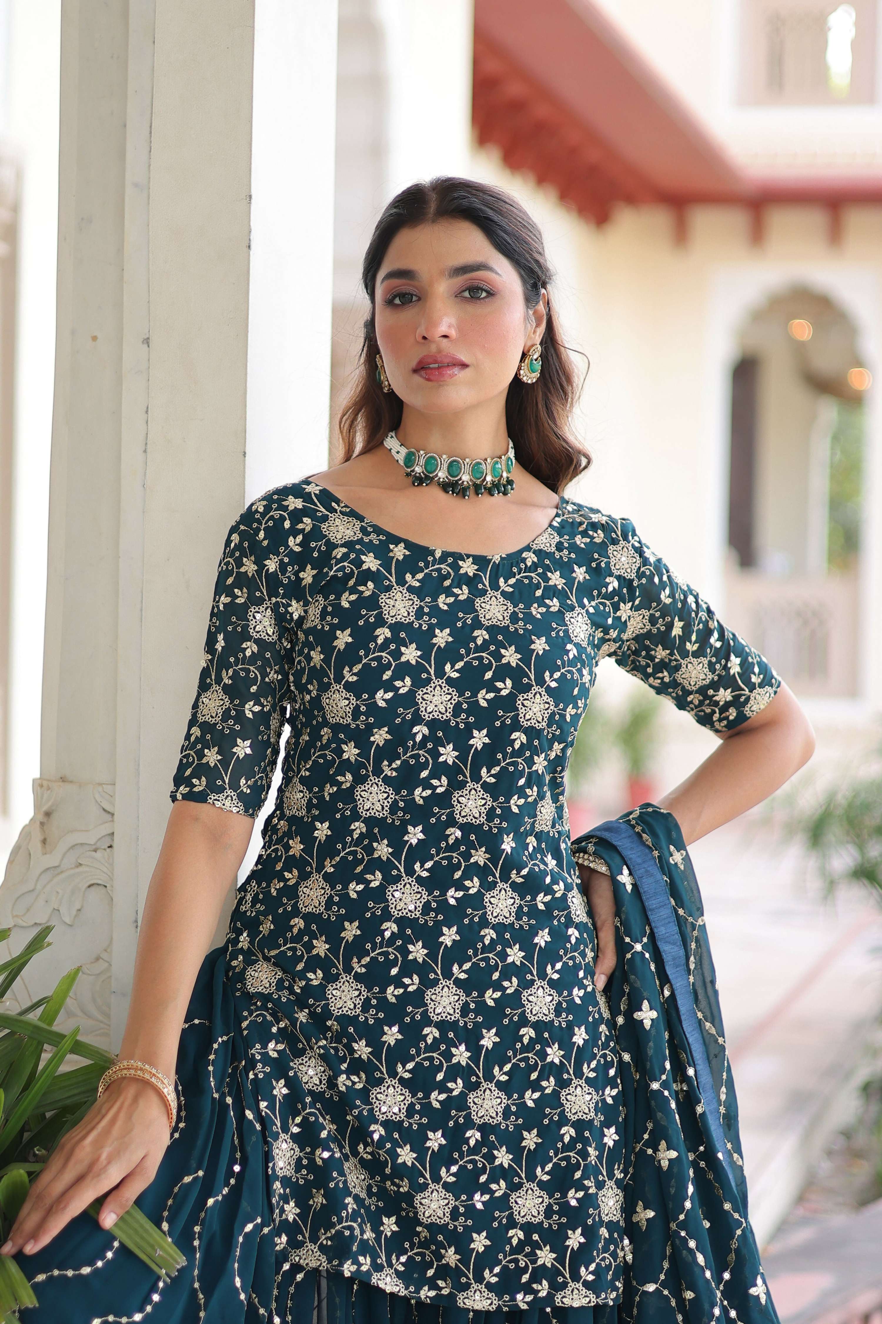 Joban Fashion Rama Green Readymade Kurta Set With Sequence embroidery Work | Grocsy