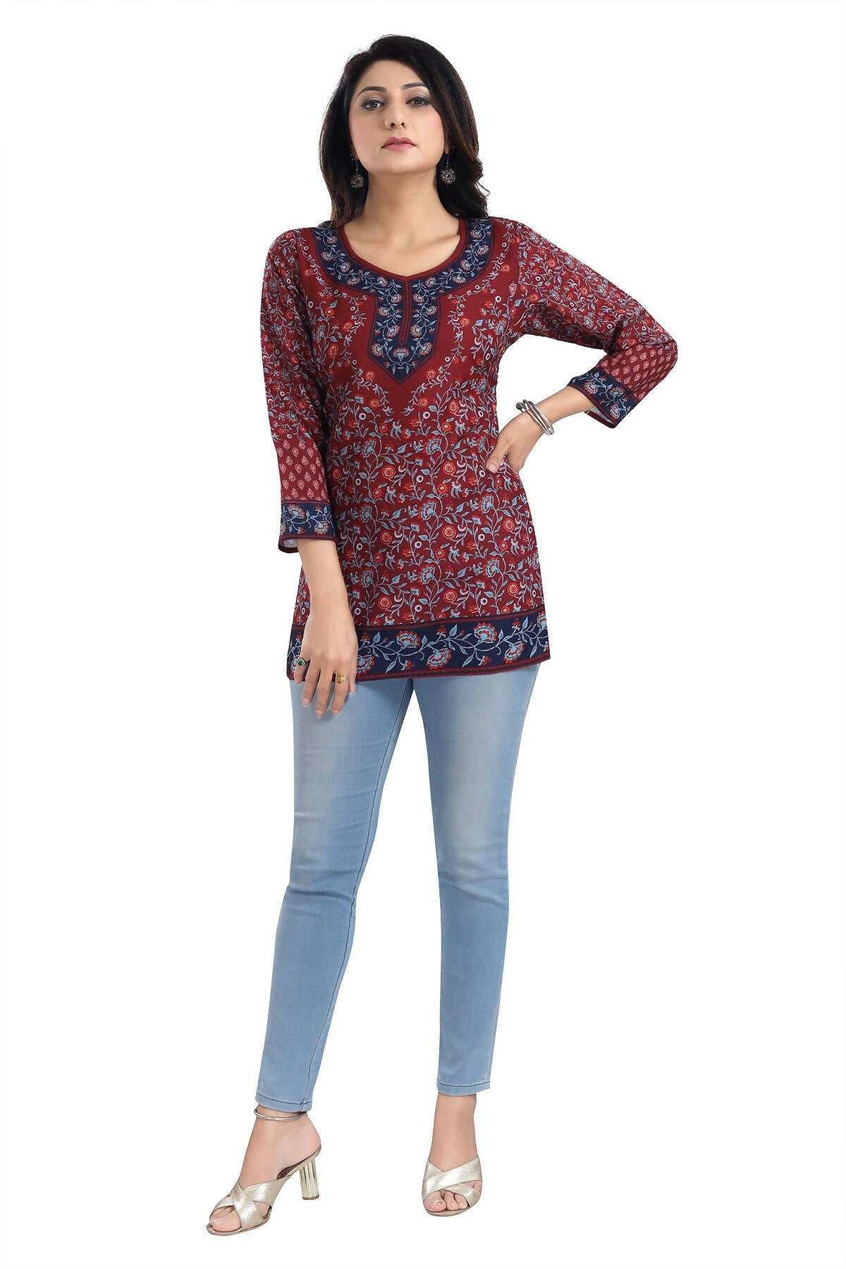 Snehal Creations Magical Maroon Summer Cool Printed Short Kurti Tunic Top | Grocsy