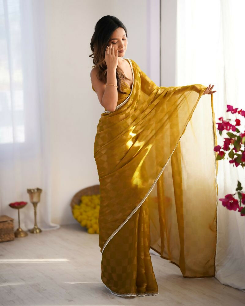 NC Chiffon Chex Wevon Chex Designer, Lace Party Wear Saree - Mustard | Grocsy