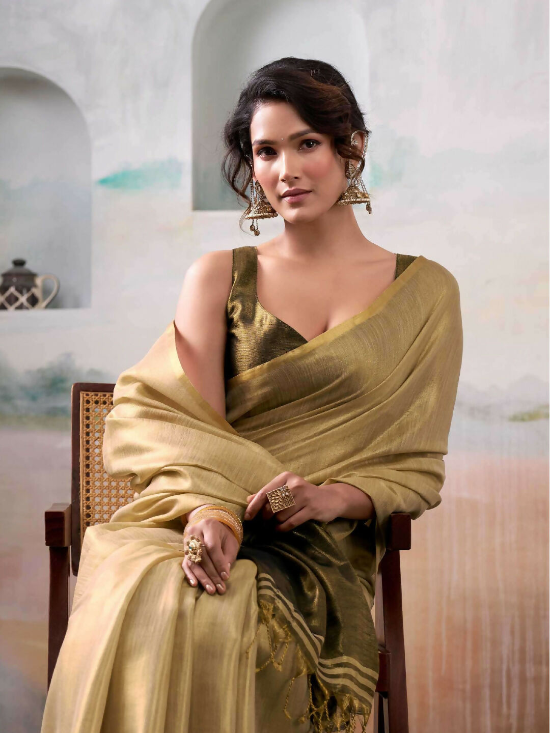 Shree Shyam Fashion Tissue Silk Golden Saree | Grocsy