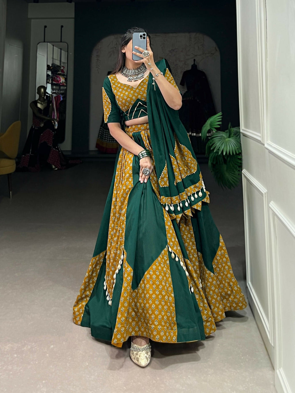 Vastranavya Navaratri Special Pure Cotton Printed With Cowrie (Kodi) Lace Touch Up Lehenga with Stitched Blouse - Green | Grocsy