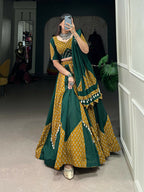 Vastranavya Navaratri Special Pure Cotton Printed With Cowrie (Kodi) Lace Touch Up Lehenga with Stitched Blouse - Green | Grocsy