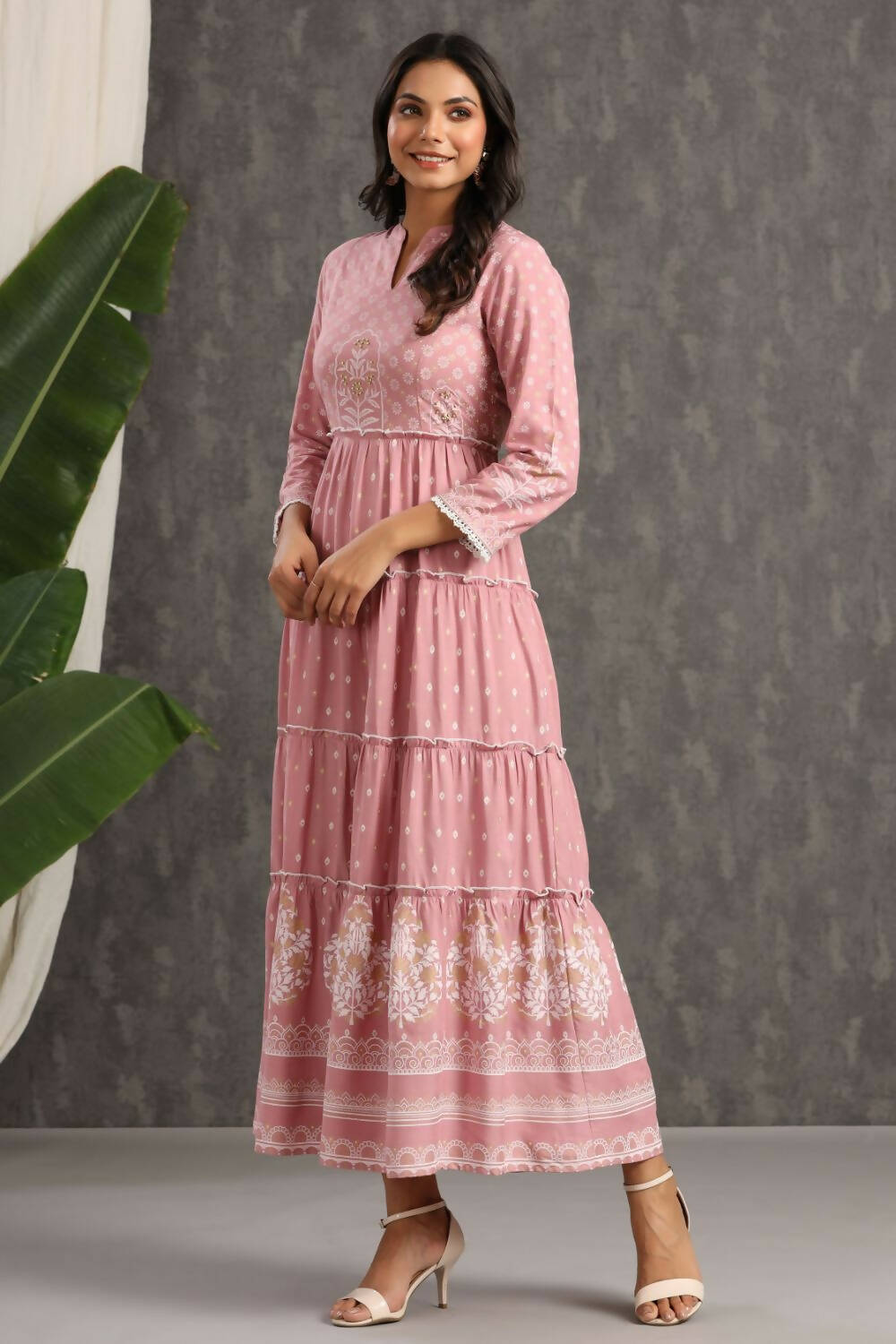 Juniper Womens Onion Pink Rayon Foil Printed Tiered Dress | Grocsy