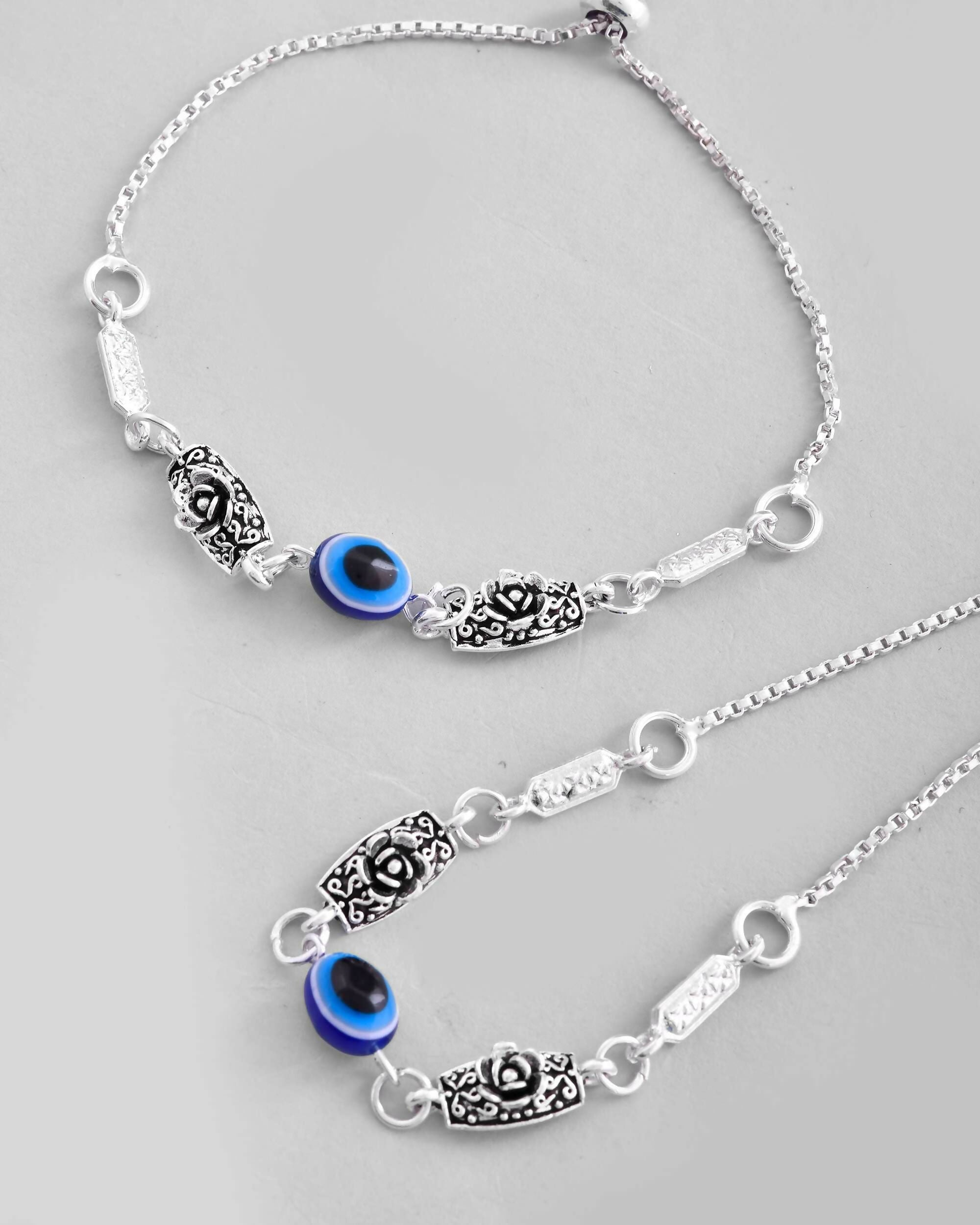 VOJ Set of 2 Silver Plated Flower And Evil Eye HandCrafted Anklet | Grocsy