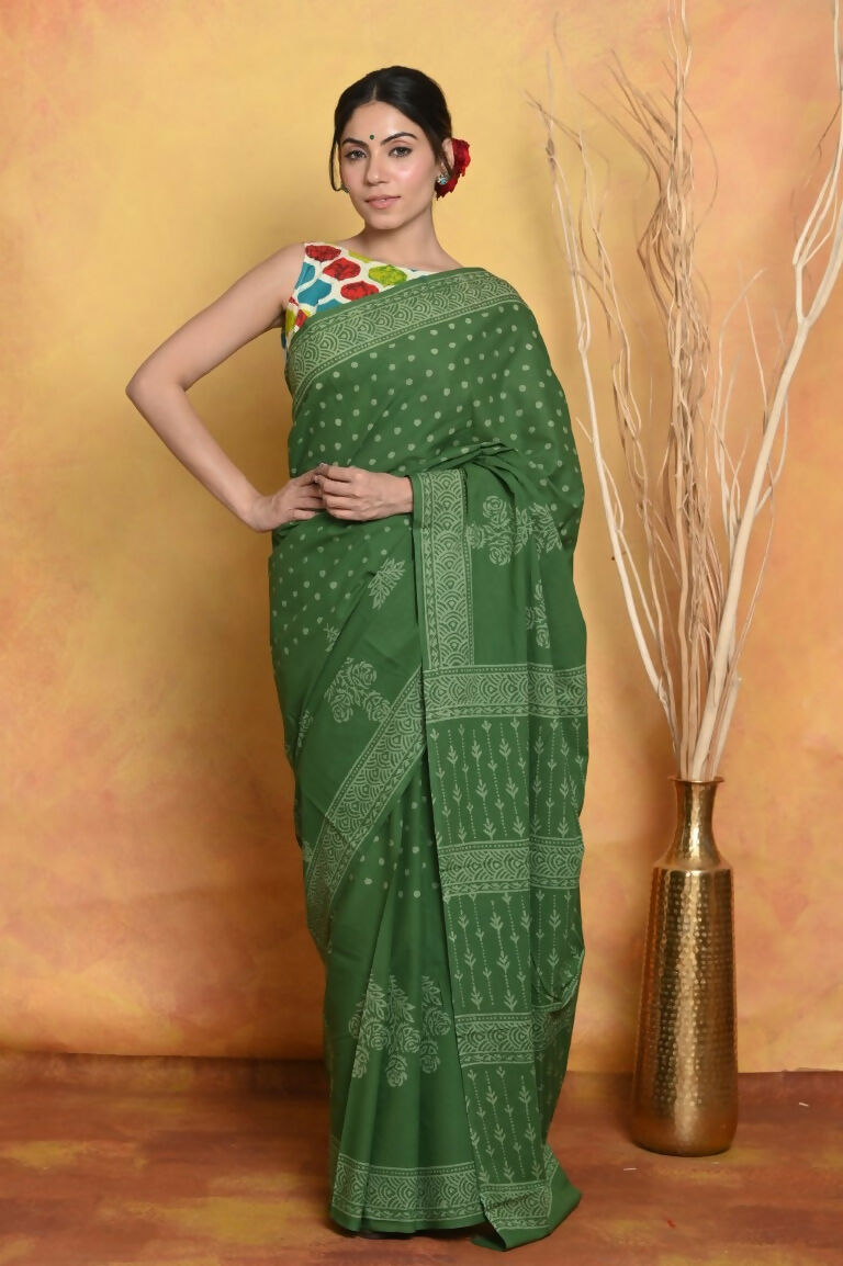 Very Much Indian Handblock Printed Cotton Saree With Natural Dyes - Green | Grocsy